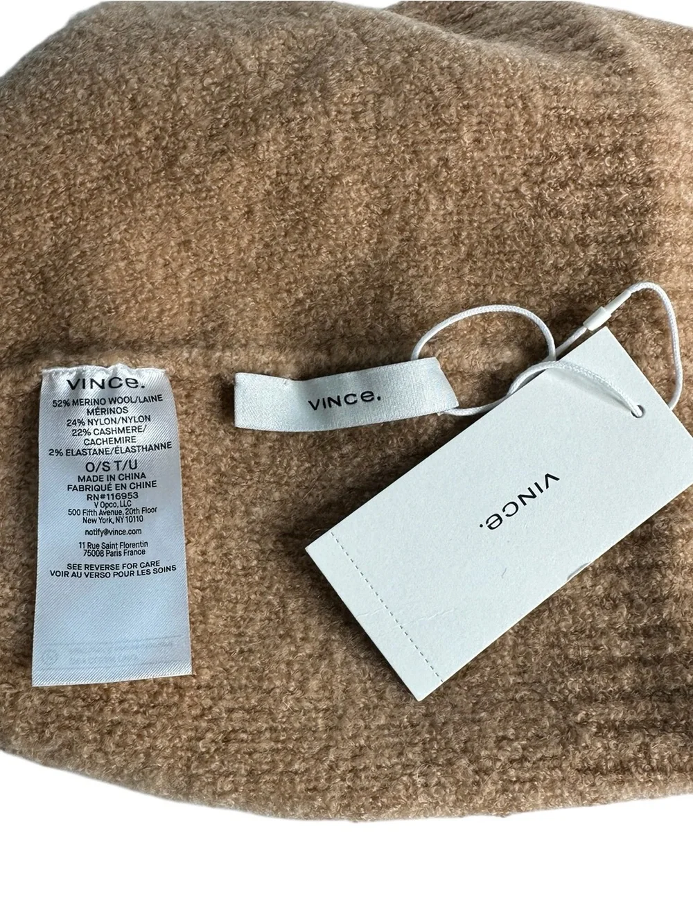 Vince Camel Bouclé Knit Beanie Hat Merino Wool Cashmere Blend Logo Patch OS NWT!